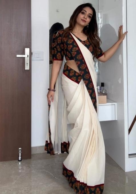 White Embroidered Linen Saree Set