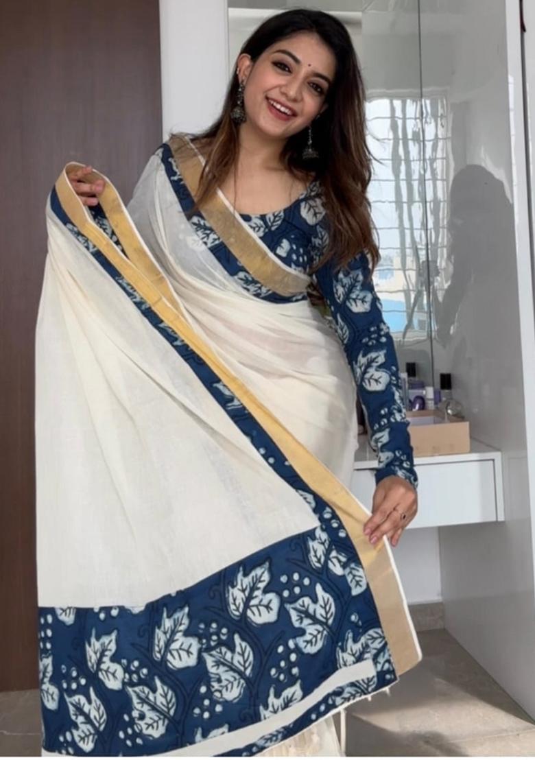 White Embroidered Linen Saree Set - Indya
