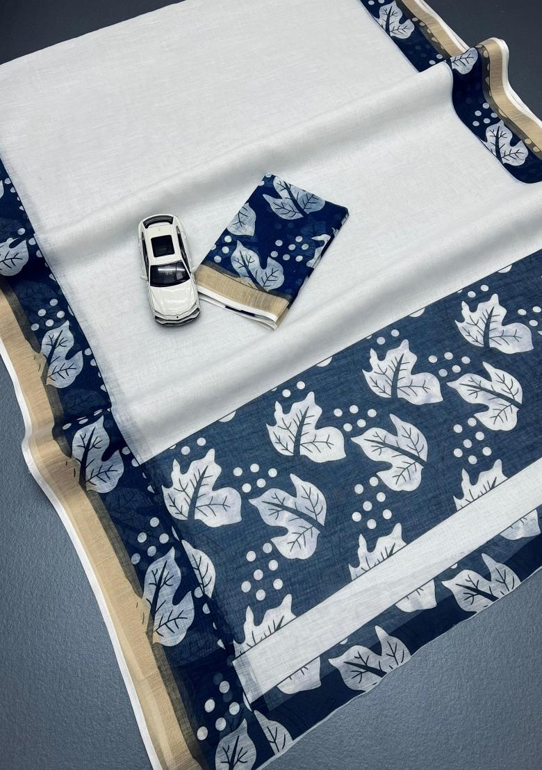 White Embroidered Linen Saree Set - Indya