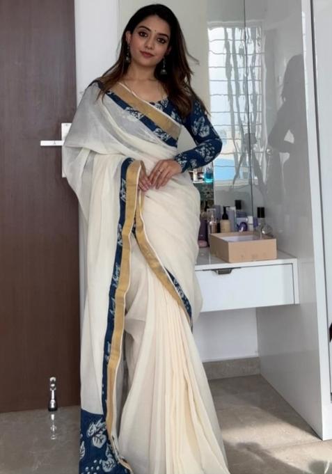 White Embroidered Linen Saree Set