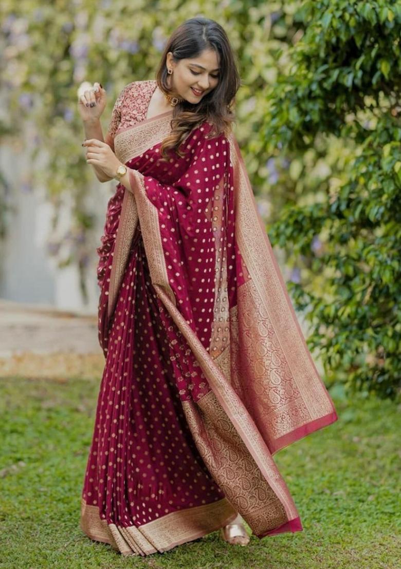 Maroon Embroidered Silk Saree Set - Indya