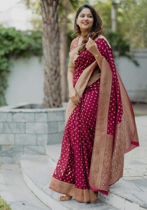 Maroon Embroidered Silk Saree Set