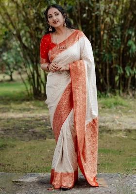 White Embroidered Silk Saree Set