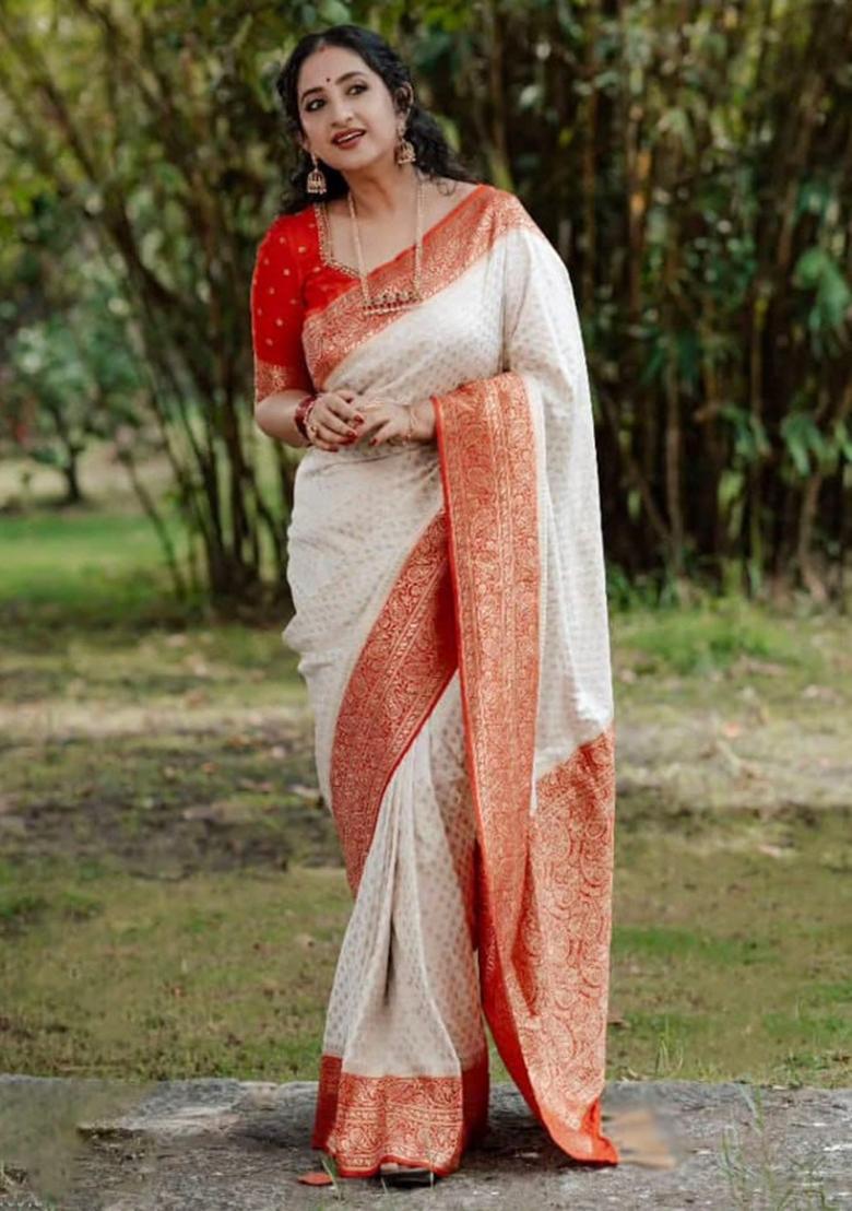 White Embroidered Silk Saree Set