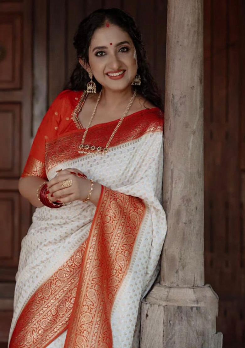 White Embroidered Silk Saree Set