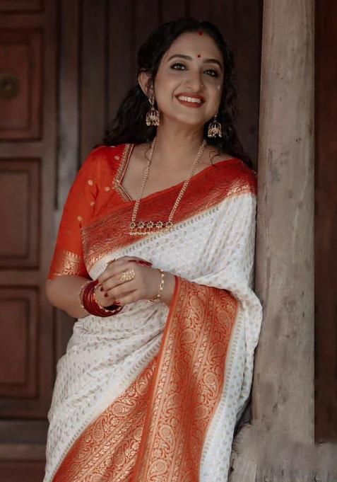 White Embroidered Silk Saree Set