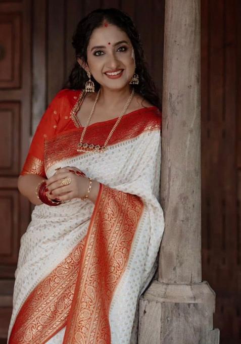 White Embroidered Silk Saree Set