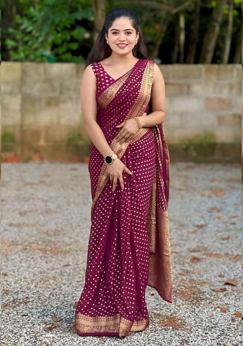 Wine Embroidered Silk Saree Set - Indya