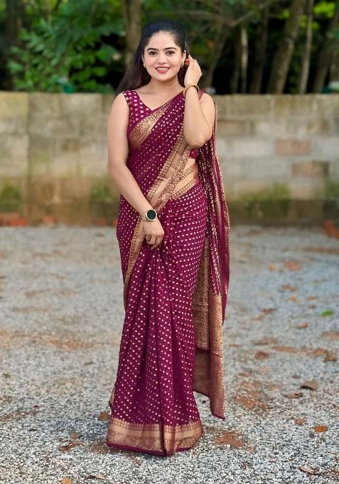 Wine Embroidered Silk Saree Set