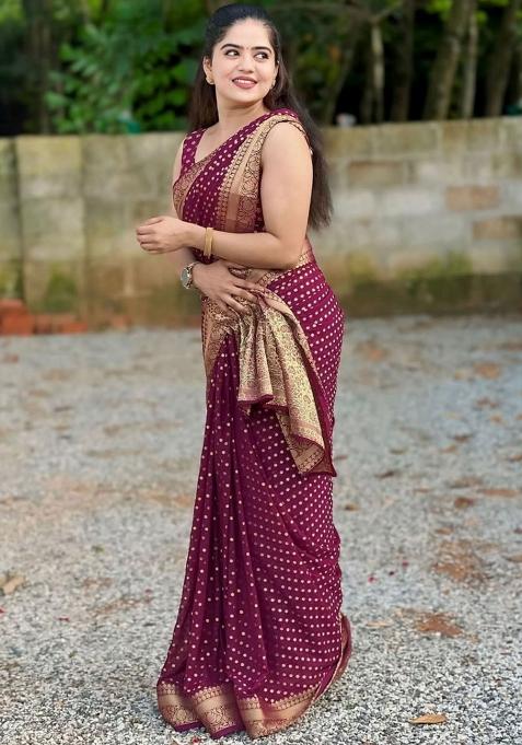 Wine Embroidered Silk Saree Set