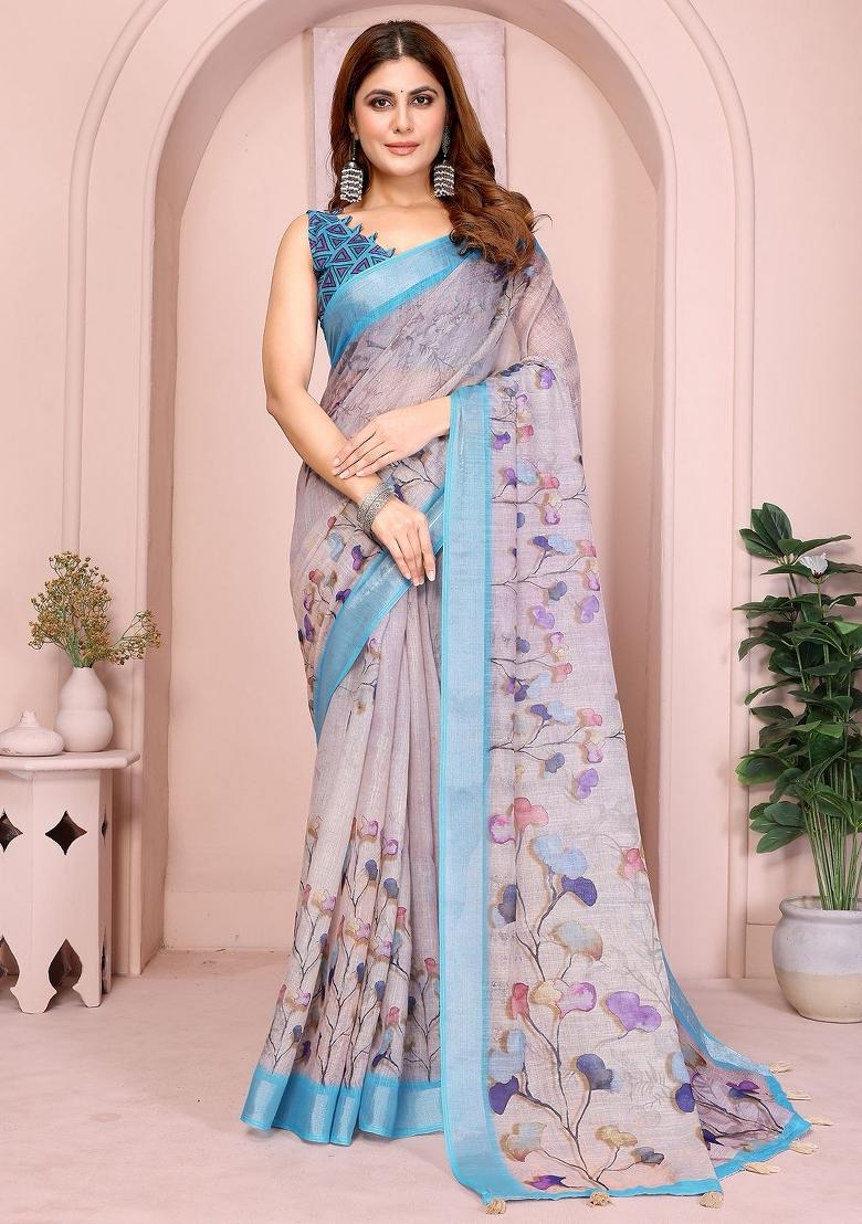 Grey Embroidered Linen Saree Set