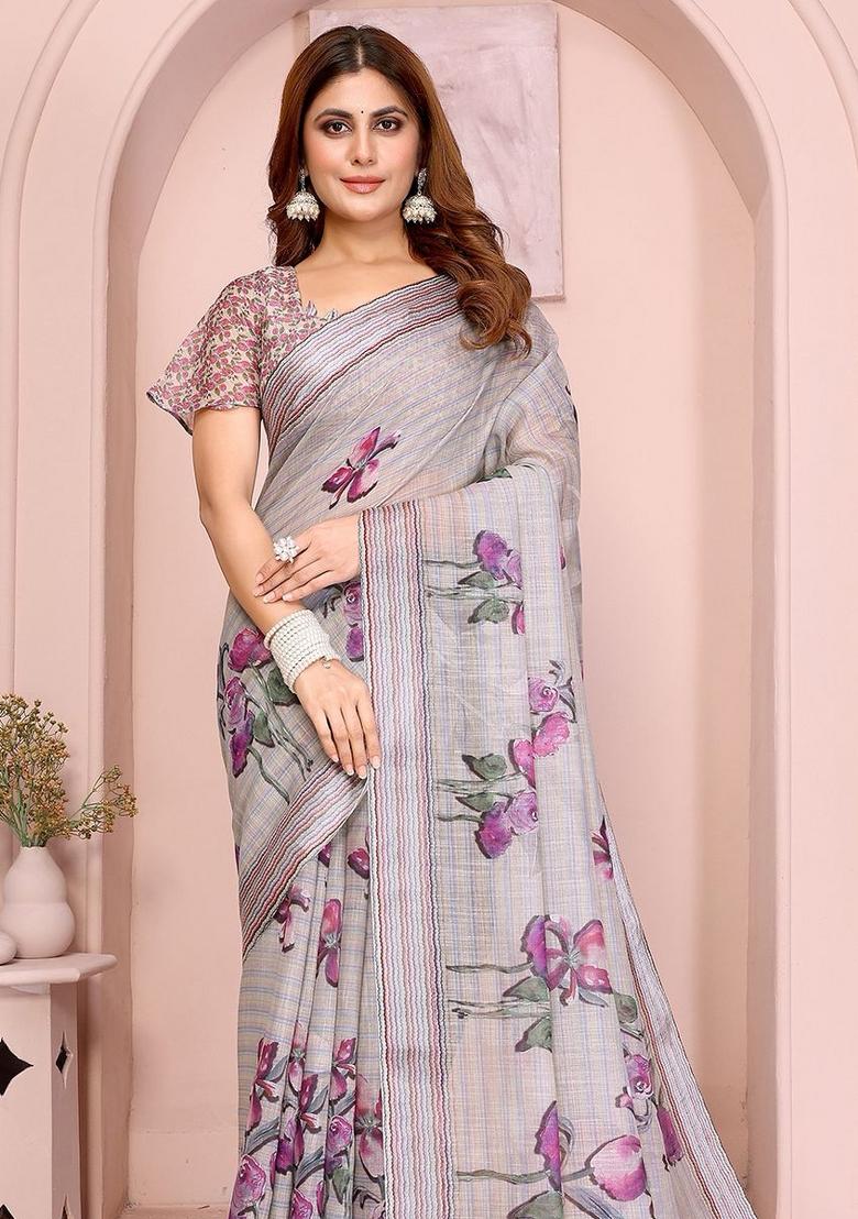 Grey Embroidered Linen Saree Set - Indya