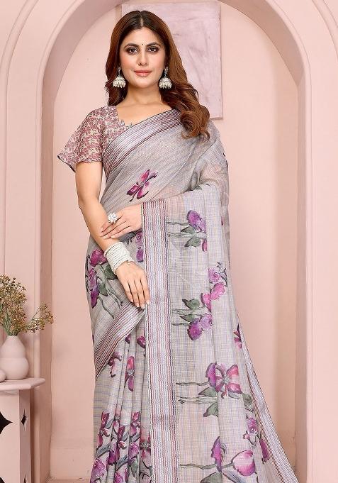 Grey Embroidered Linen Saree Set