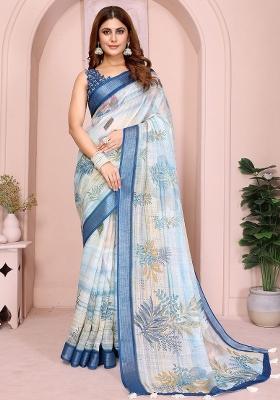 White Embroidered Linen Saree Set