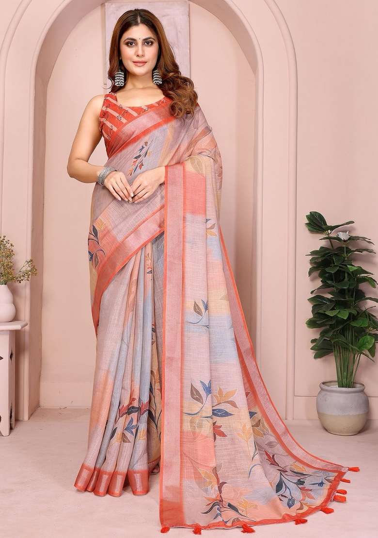 Grey Linen Saree Set with Embroidered for Diwali | Wedding & Festive Wear - Indya