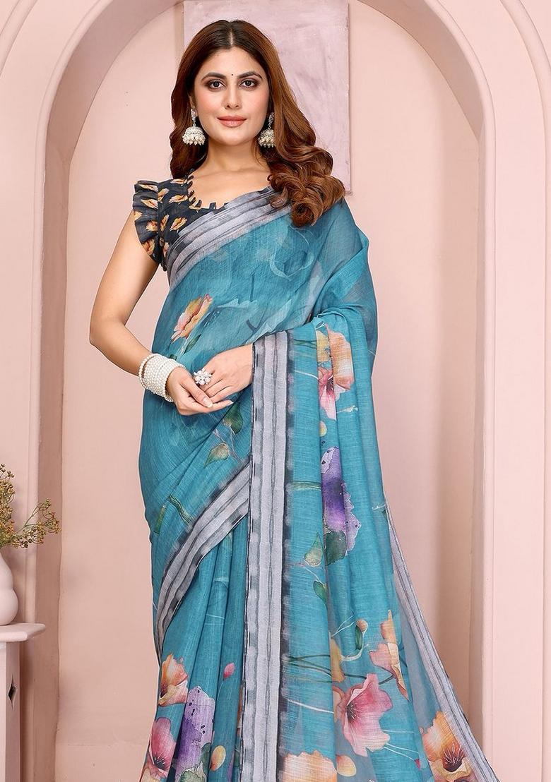 Blue Embroidered Linen Saree Set - Indya