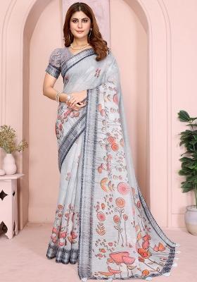 Grey Embroidered Linen Saree Set