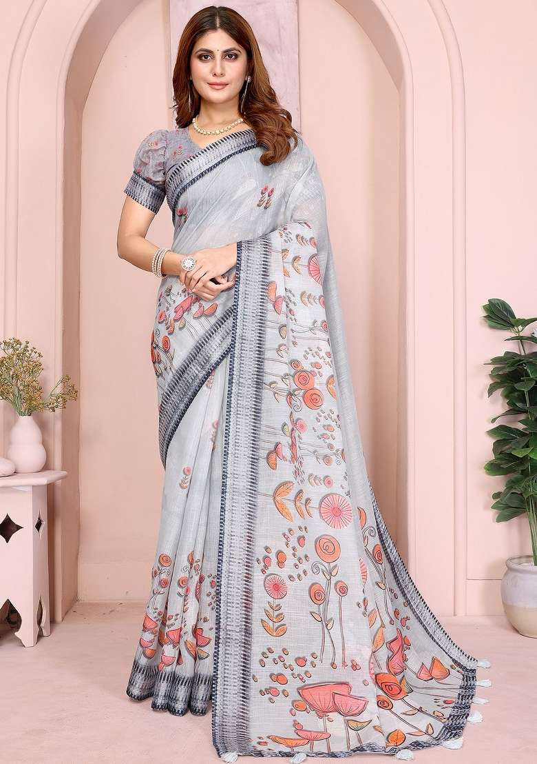 Grey Embroidered Linen Saree Set for Diwali and Festive Wear - Indya