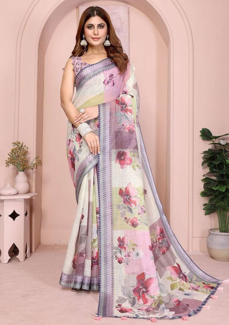 White Linen Saree Set with Embroidered for Diwali | Wedding & Festive Wear - Indya