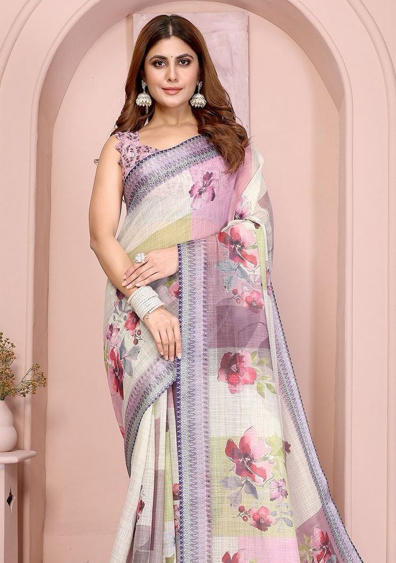 White Embroidered Linen Saree Set - Indya