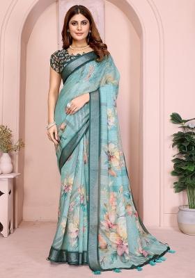 Blue Embroidered Linen Saree Set