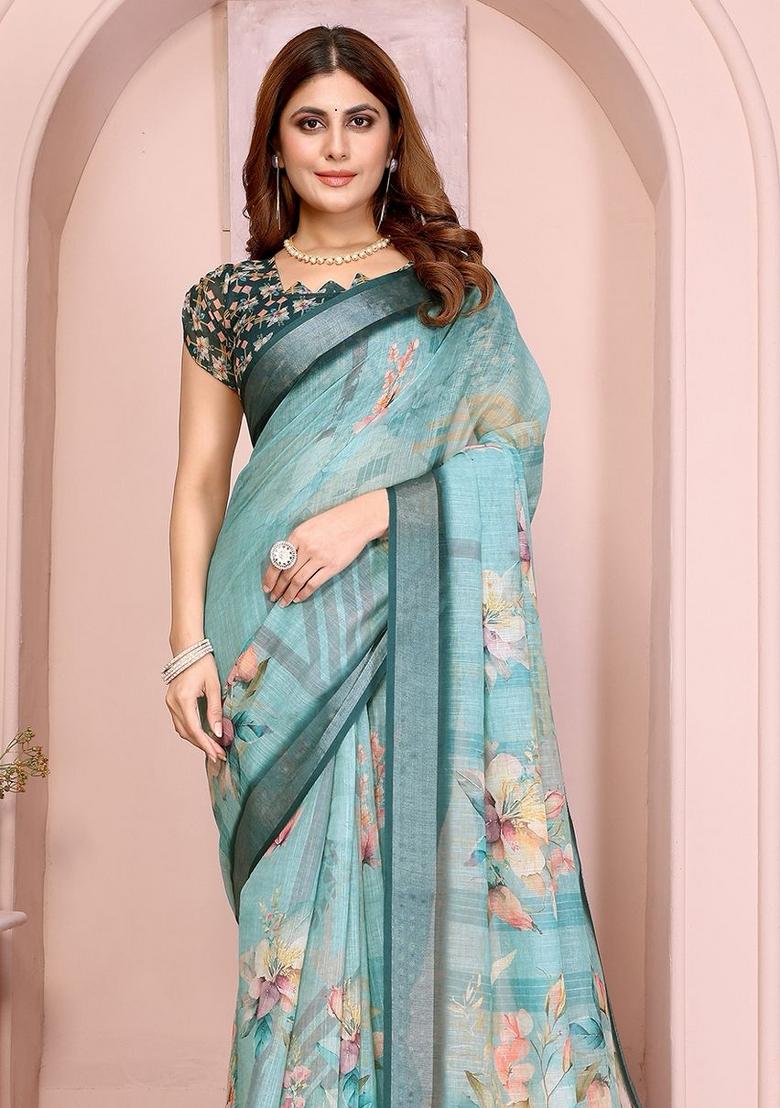 Blue Embroidered Linen Saree Set - Indya