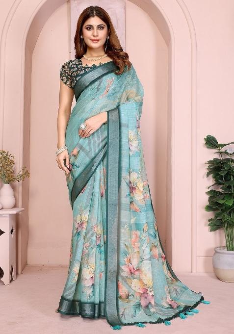 Blue Embroidered Linen Saree Set