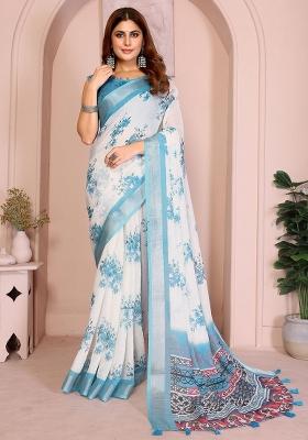 White Embroidered Linen Saree Set
