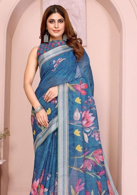 Blue Embroidered Linen Saree Set