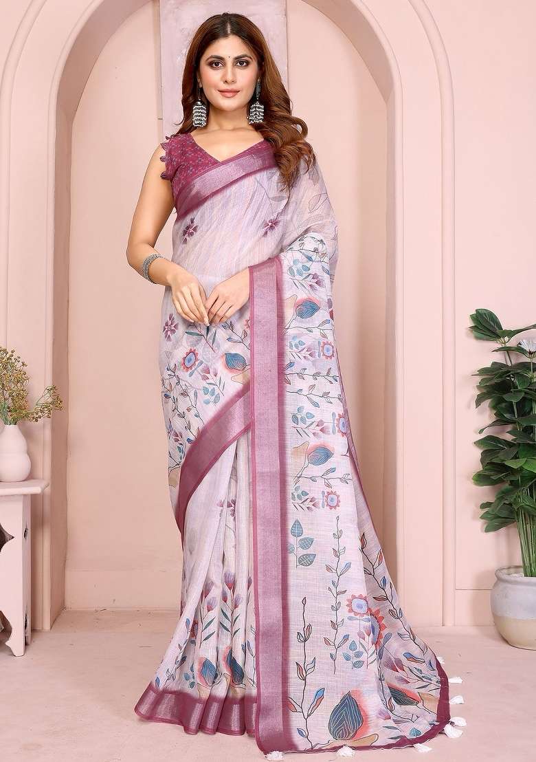 White Linen Saree Set with Embroidered for Diwali | Wedding & Festive Wear - Indya