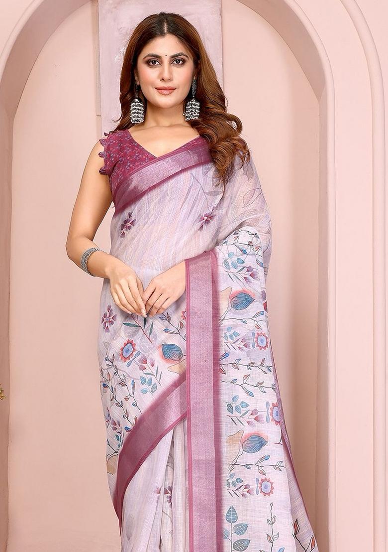 White Embroidered Linen Saree Set - Indya