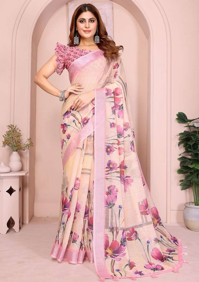 Cream Embroidered Linen Saree Set for Diwali and Festive Wear - Indya