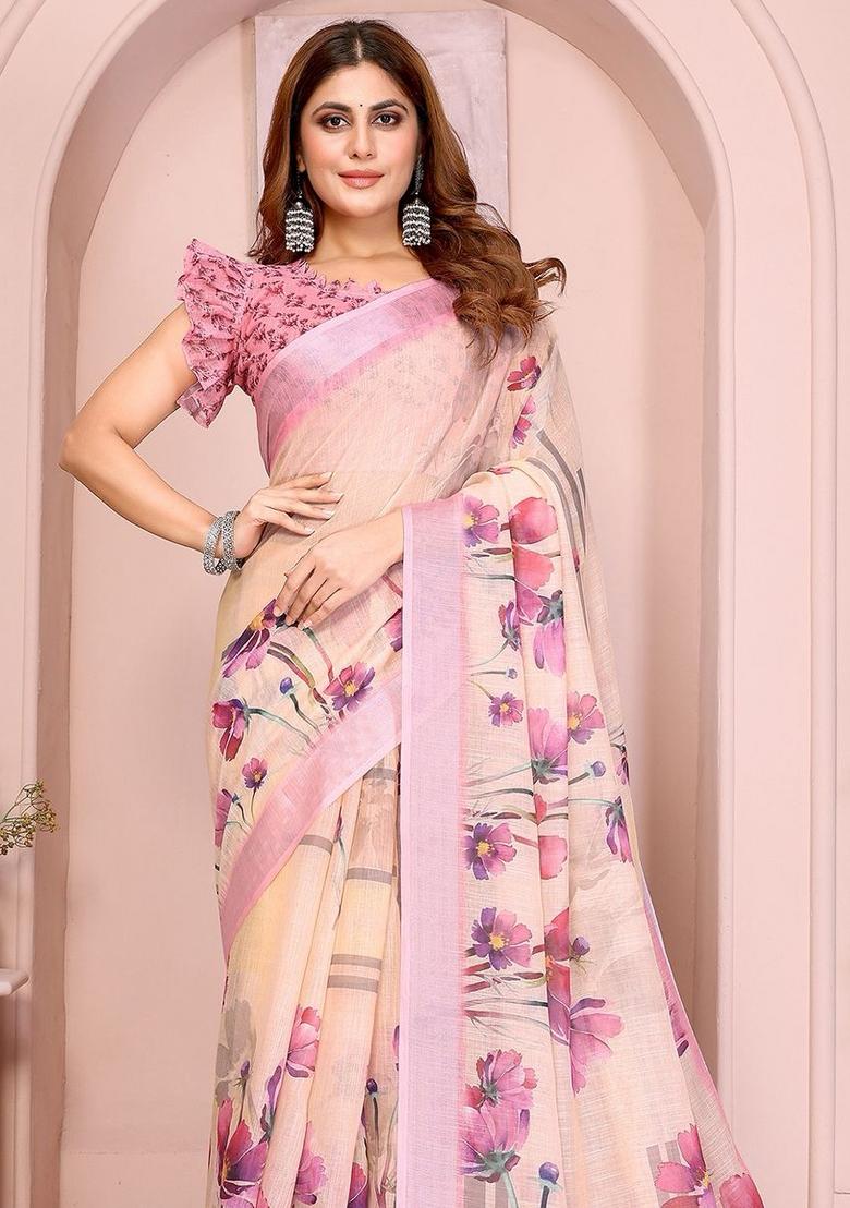 Cream Embroidered Linen Saree Set - Indya