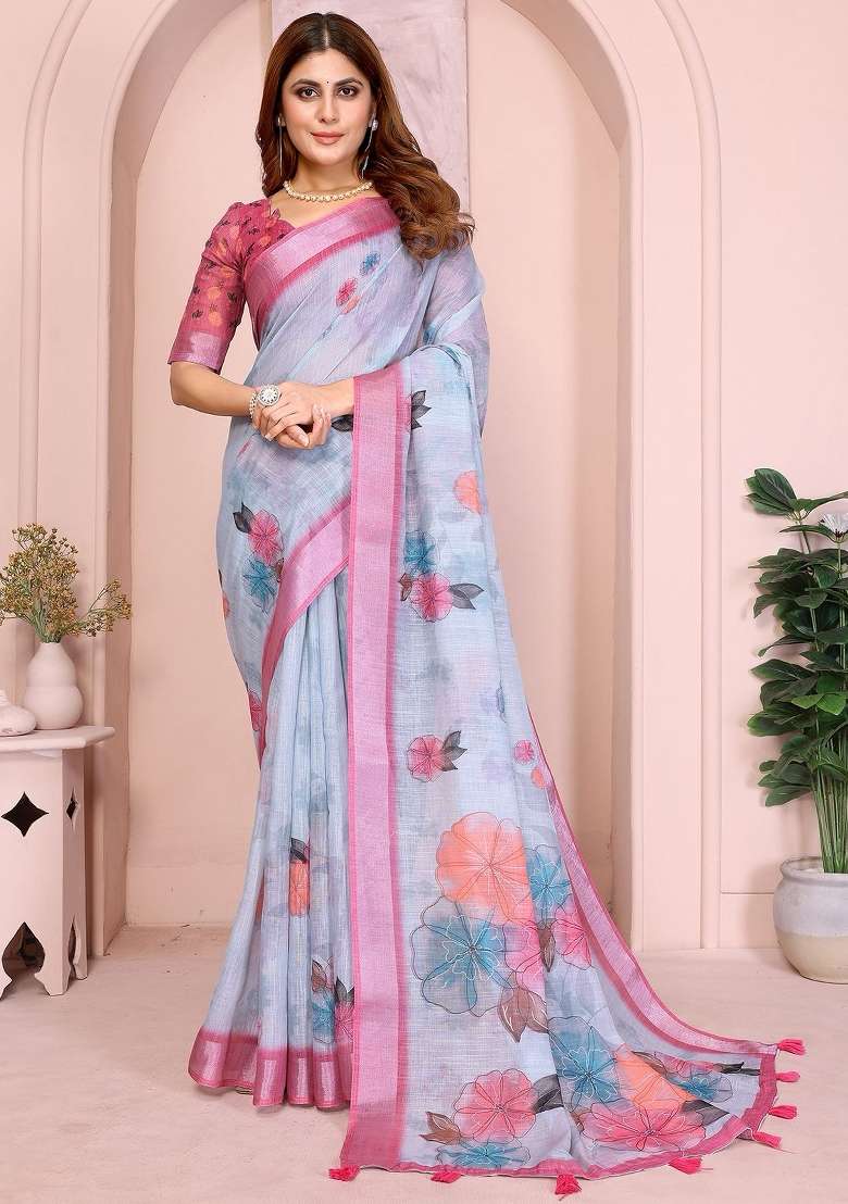 Light Blue Linen Saree Set with Embroidered for Diwali | Wedding & Festive Wear - Indya