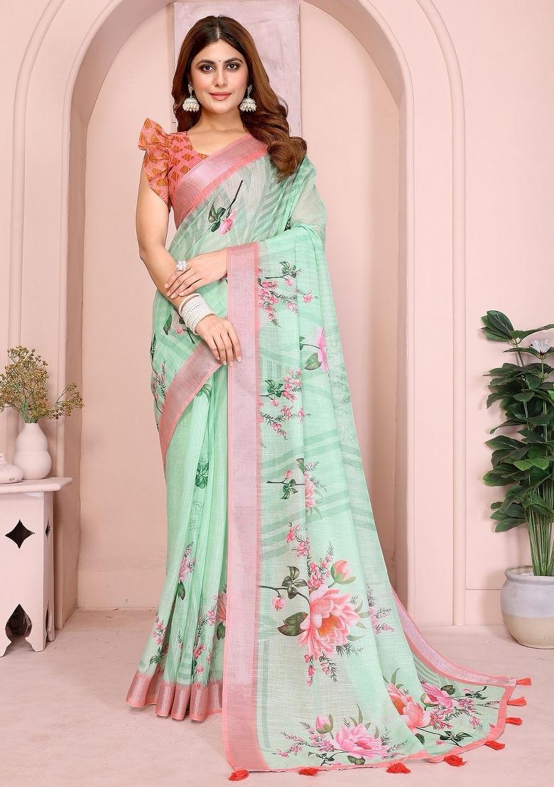 Light Green Embroidered Linen Saree Set - Indya