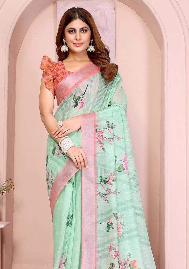 Light Green Linen Saree Set with Embroidered for Diwali | Wedding & Festive Wear - Indya