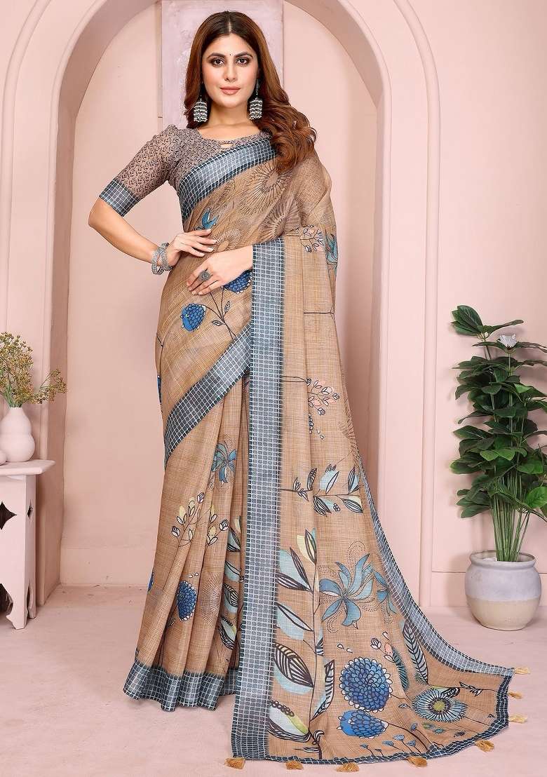 Brown Embroidered Linen Saree Set for Diwali and Festive Wear - Indya