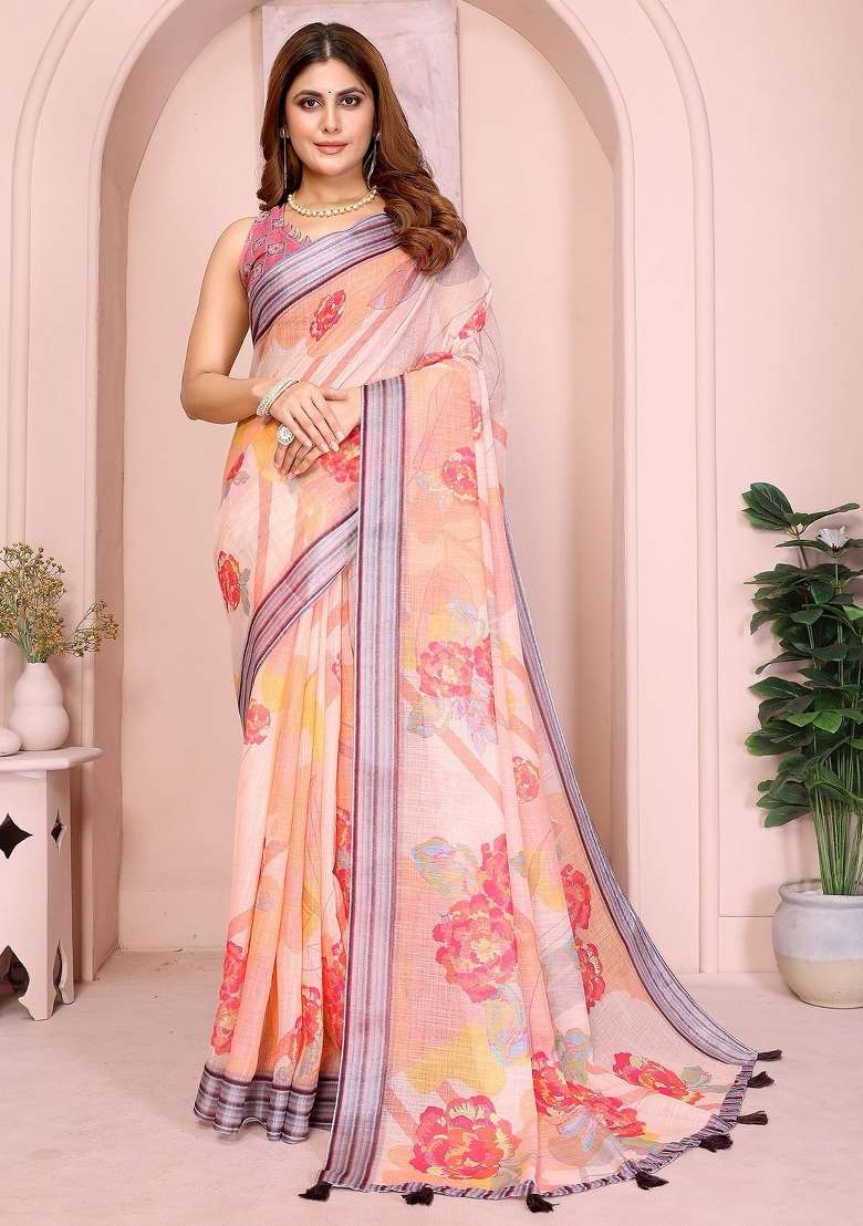 Peach Linen Saree Set with Embroidered for Diwali | Wedding & Festive Wear - Indya