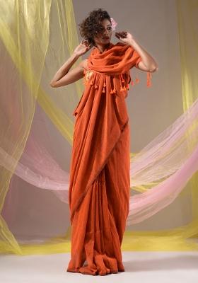 Orange Floral Embroidery Cotton Saree Set