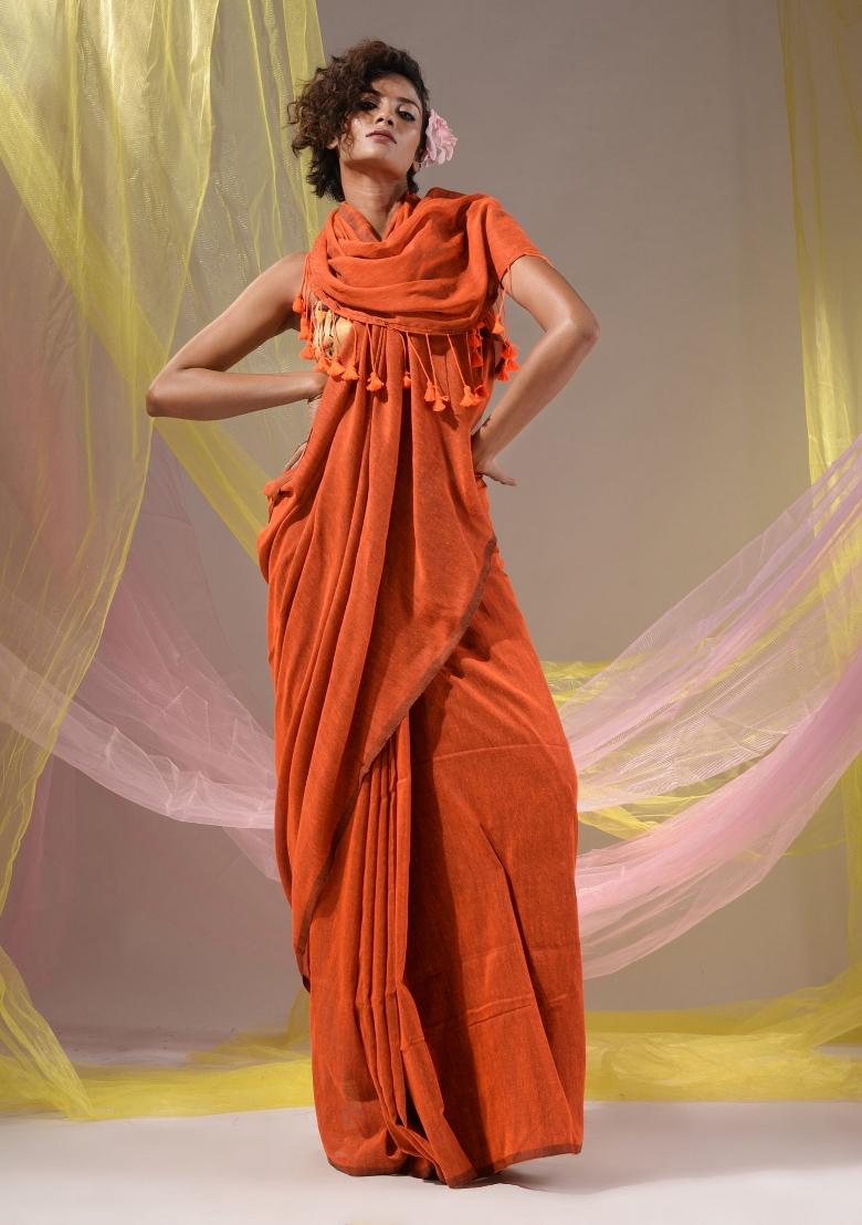 Orange Floral Embroidery Cotton Saree Set - Indya