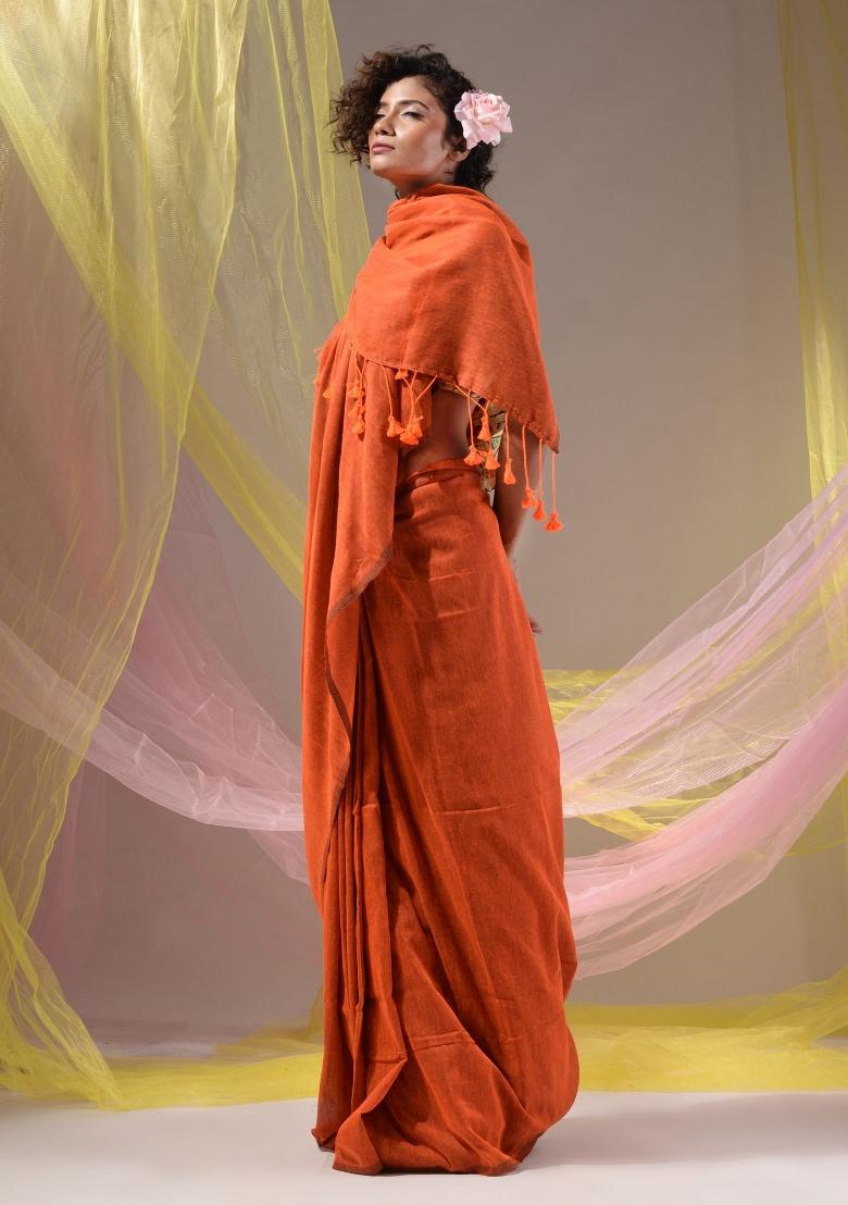 Orange Floral Embroidery Cotton Saree Set - Indya