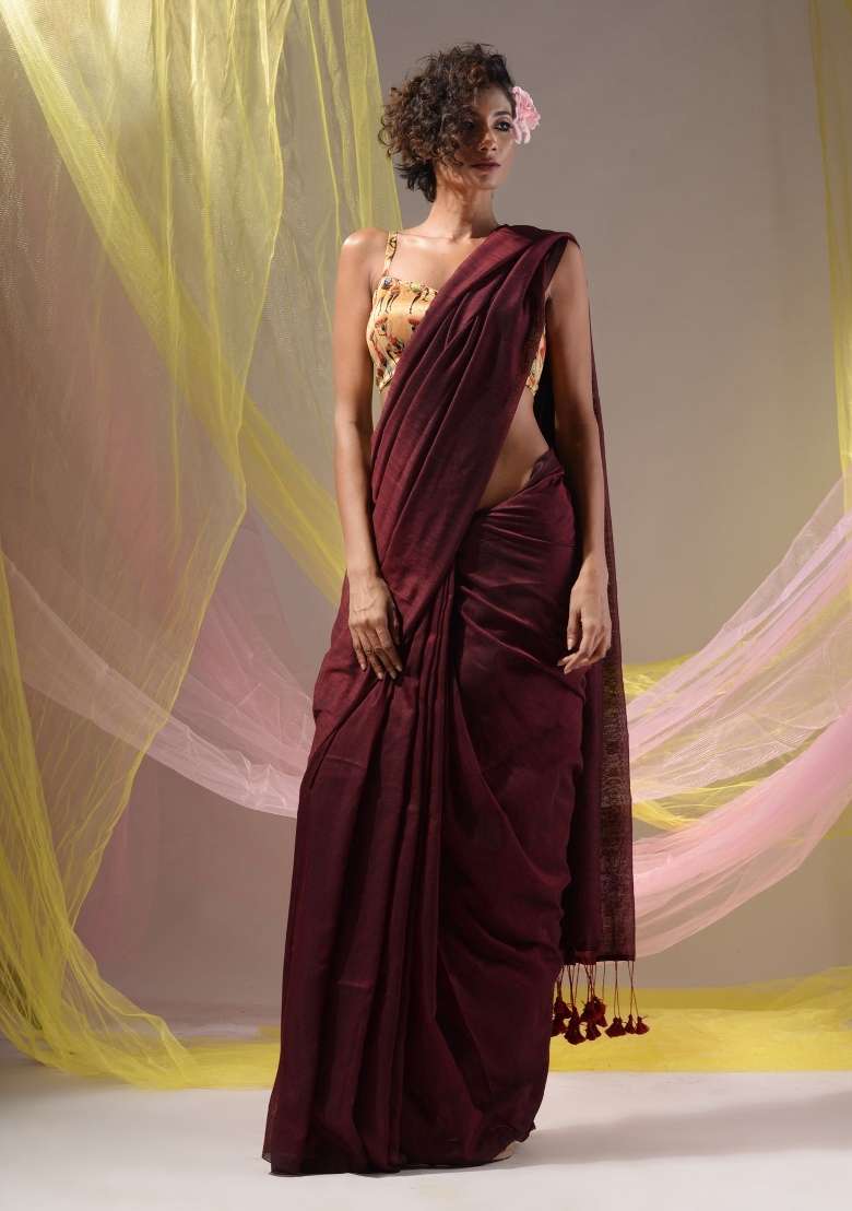 Maroon Floral Embroidery Cotton Saree Set for Diwali and Festive Wear - Indya