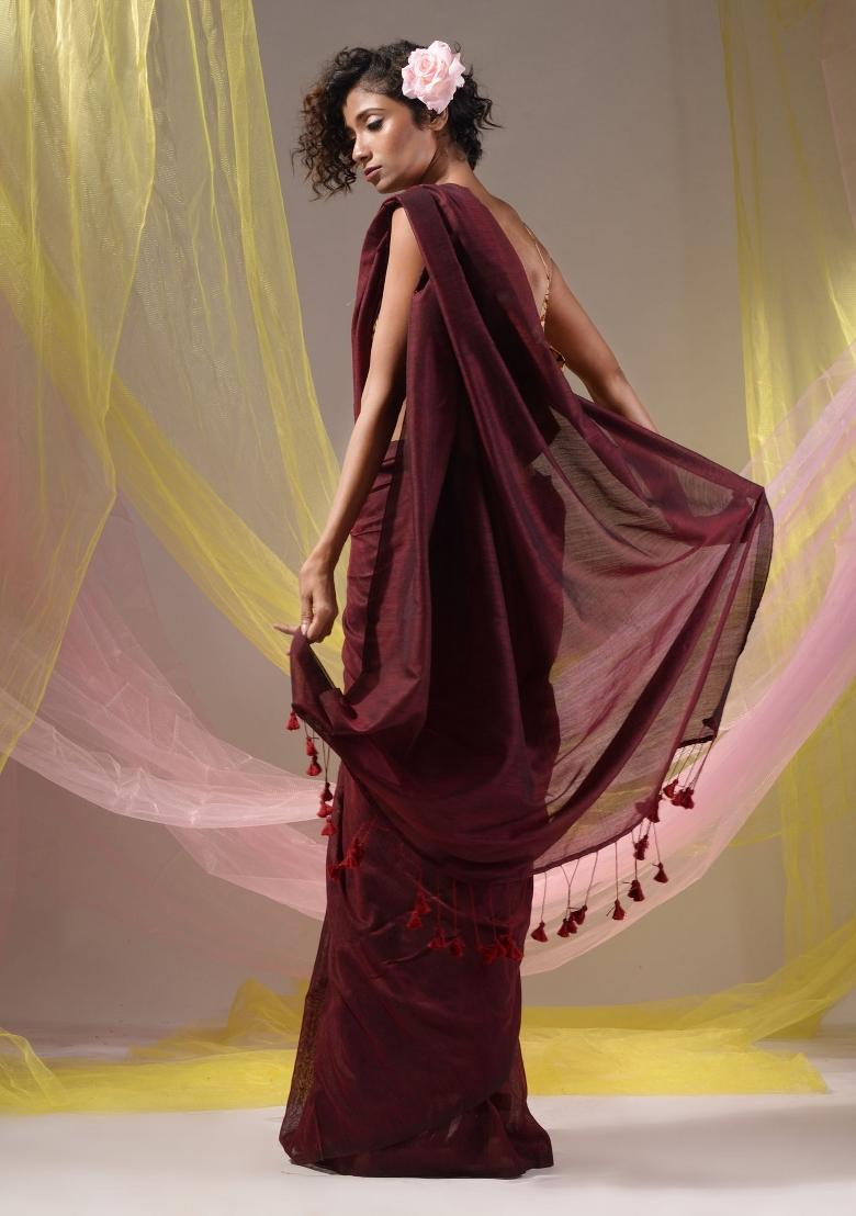 Maroon Floral Embroidery Cotton Saree Set - Indya