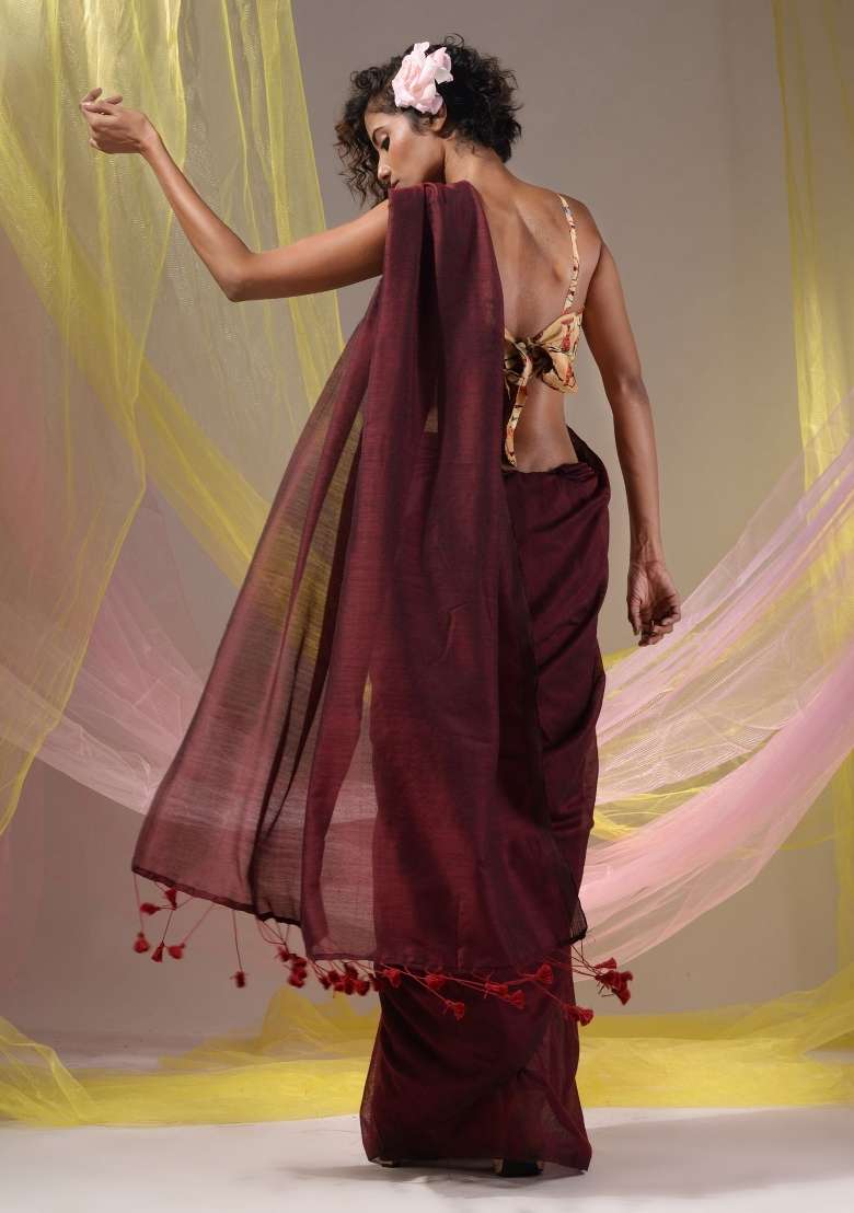 Maroon Floral Embroidery Cotton Saree Set for Diwali and Festive Wear - Indya