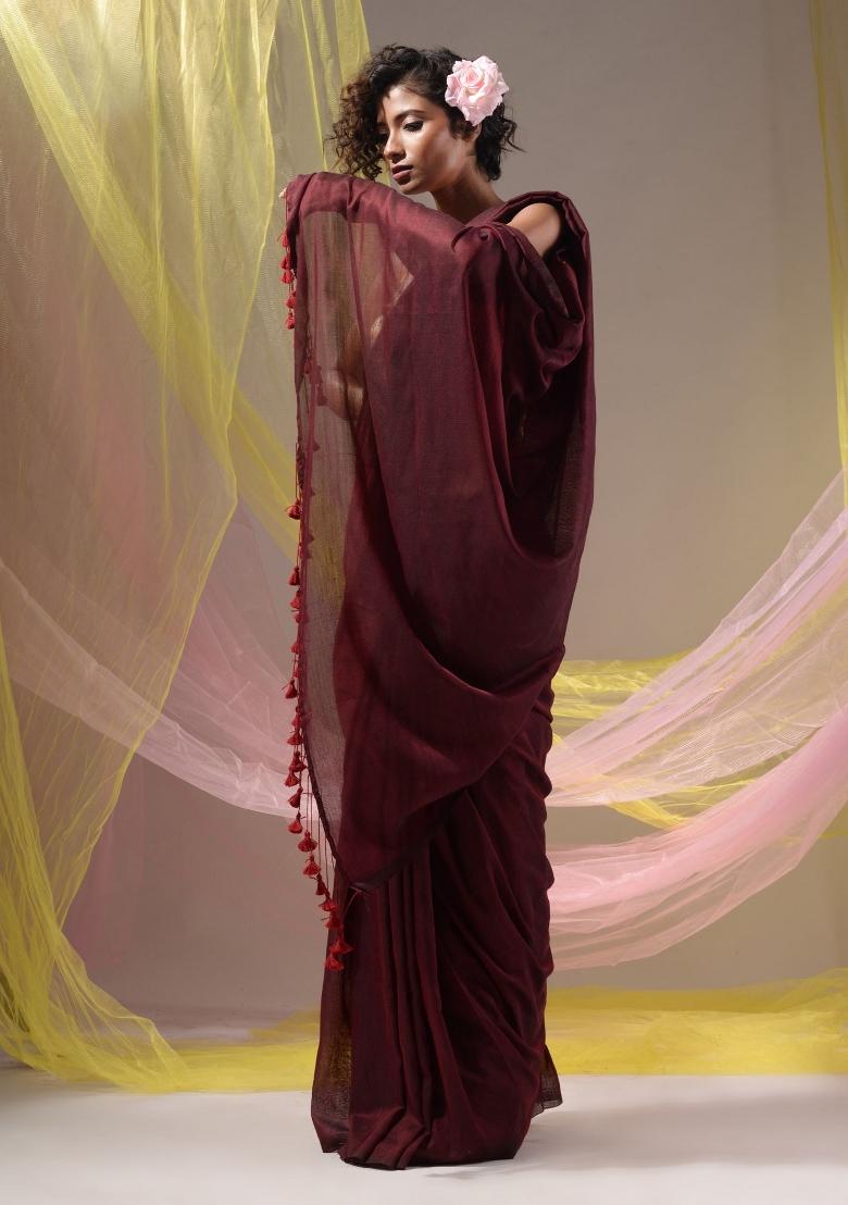 Maroon Floral Embroidery Cotton Saree Set - Indya