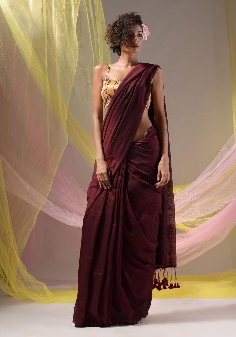 Maroon Floral Embroidery Cotton Saree Set