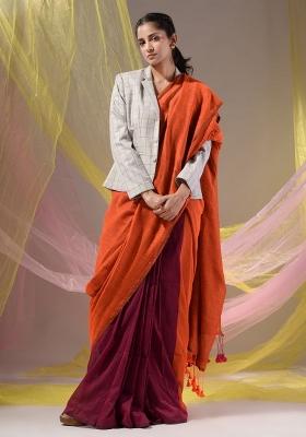 Orange Floral Embroidery Cotton Saree Set