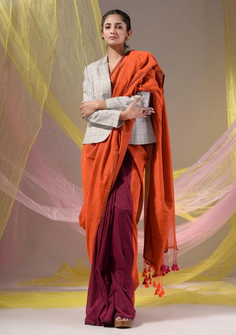 Orange Floral Embroidery Cotton Saree Set - Indya