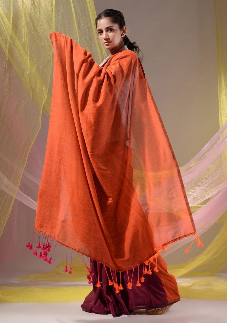 Orange Floral Embroidery Cotton Saree Set - Indya