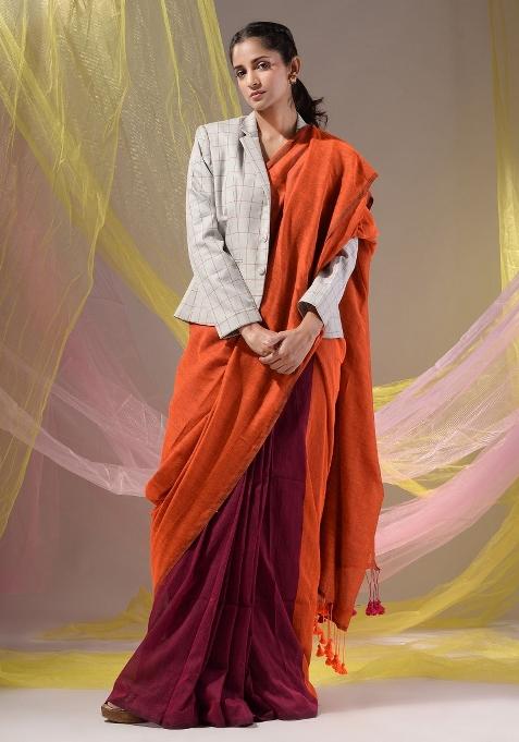 Orange Floral Embroidery Cotton Saree Set